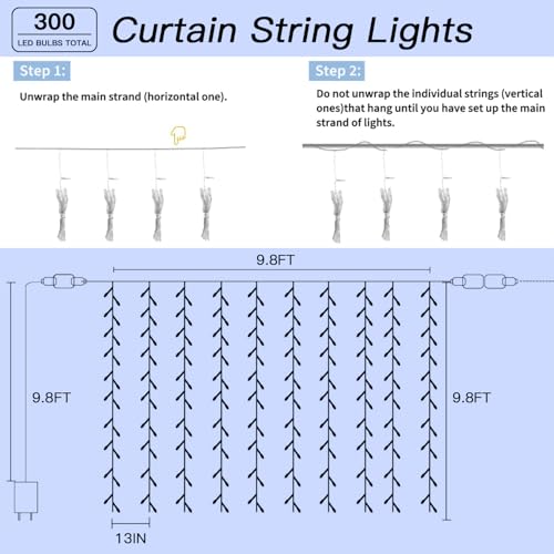 300 LED Cool White Curtain String Lights 9.8x9.8FT Plug in Fairy Lights with 9 Hooks Dimmable Timer & 8 Modes IP44 Waterproof Bedroom Office Wall Wedding Backdrop Christmas Indoor Outdoor Decor