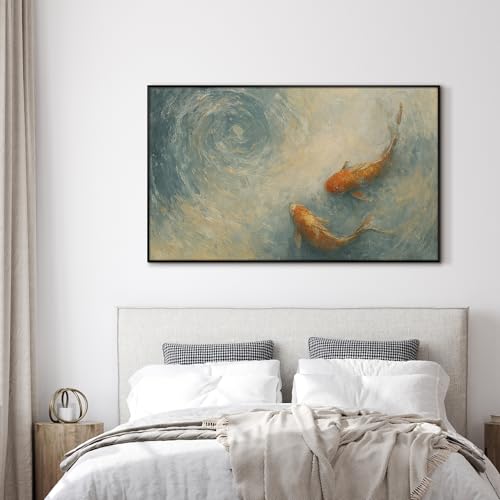 36"x60" Extra Large Framed Wall Art Koi Fish Swirl Tranquil Water Illustration for Home Living Room Bedroom Decor
