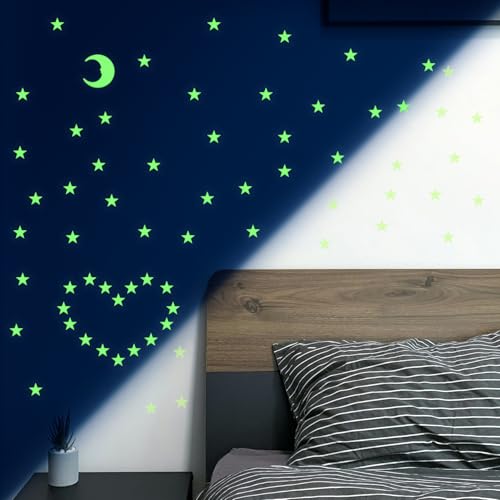 100 Stars and 1 Moon Glow in The Dark Luminous Fluorescent 3D Plastic Glow Stars Moon for Ceiling (101 Count)