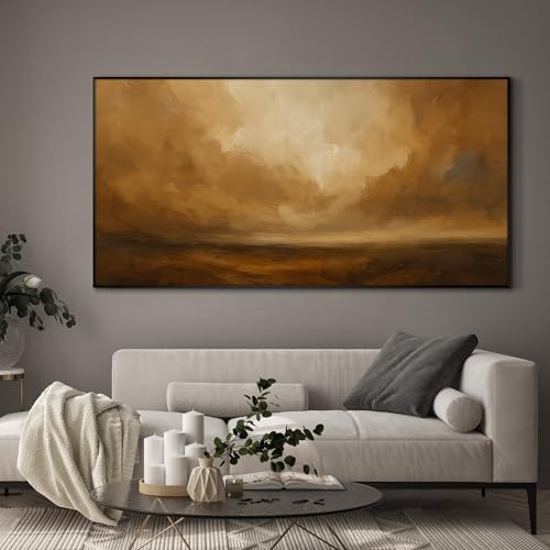 36"x72" Extra Large Framed Wall Art Golden Horizon Abstract Landscape Warm Brown and Amber Sky Illustration for Home Living Room Bedroom Decor