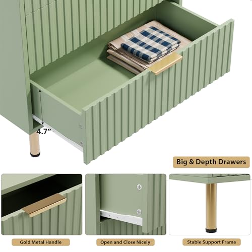 48" Fluted Green 5 Drawer Dresser for Bedroom with Deep Drawers