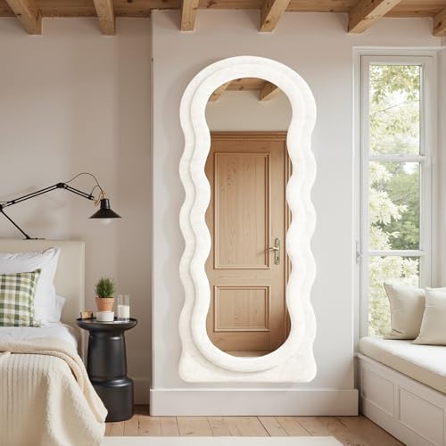 Full Length Mirror 71"x30" Arched Wavy Full Body Wall Mounted Floor Mirror Ivory Flannel Frame Leaning Hanging Wall Mirror for Bedroom Entrance