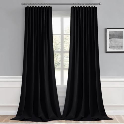 Black Back Tab Blackout Curtains 52x102 Inch Long 2 Panels Set (2 Count)
