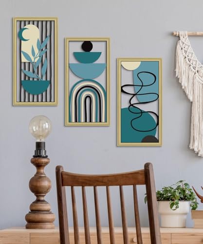 Boho Wall Art Set of 3 Modern Minimalist Wooden Wall Decor Abstract Geometric Room Decorations Mid Century Artwork for Living Room Bedroom Office in Blue Tones 16.5 x 8.6 Inch (3 Count)