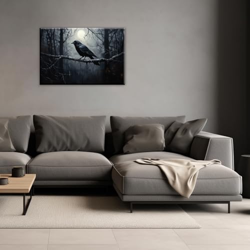Crow Canvas Wall Art Black Crow Stand On The Branch Picture Print Moonlit Night Poster Vintage Forest Landscape Painting Artwork Living Room Halloween Decor