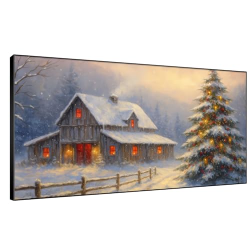 24"x46" Extra Large Framed Wall Art Rustic Winter Cabin with Christmas Tree and Snowy Landscape for Home Living Room Bedroom Decor