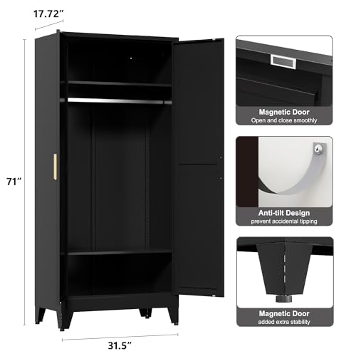 71'' Farmhouse Metal Wardrobe Cabinet with Hanging Rod