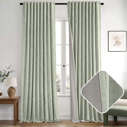 Sage Green 100% Blackout Linen Curtain 96 Inch 2 Panel Set Double Sided No Coating Pinch Pleated Back Tab Floor to Ceiling Black out Thermal Insulated Bedroom Living Room Darkening Window Drape (2 Count)
