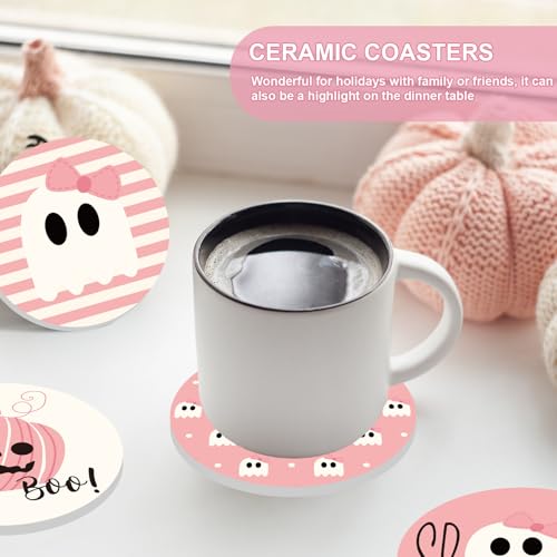 4Pcs Halloween Ceramic Coasters Pink Ghost Pumpkin Drink Coasters Absorbent Cup Mat for Mug Cup Home Kitchen Party Table Decor (4 Count)