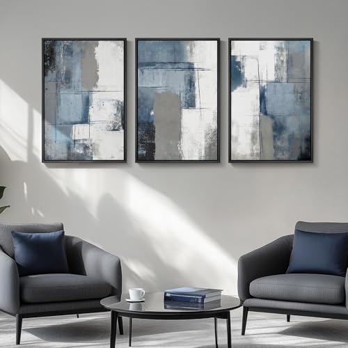Large Framed Blue and Gray Modern Abstract Wall Art (3 Count)