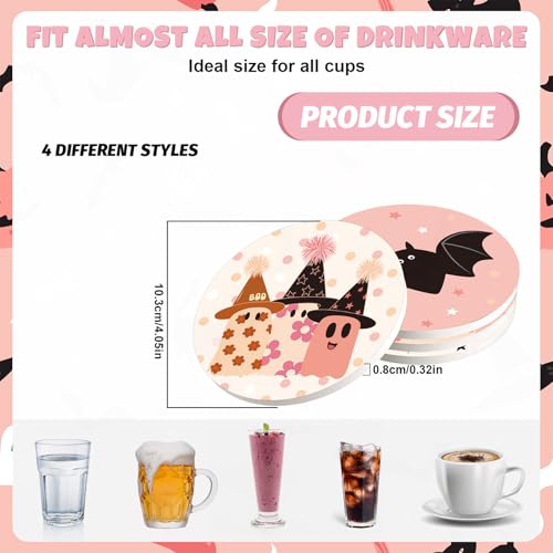 4Pcs Halloween Coasters Pink Ghost Bat Pumpkin Ceramic Coasters Absorbent Cup Mat for Home Kitchen Office Party Table Decor (4 Count)