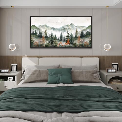 Large Black Framed Wall Decor For Living Room Canvas Wall Art For Office Wall Decorations For Bedroom Forest Mountain Landscape Painting Modern Pictures Artwork Home Decor 24x48 In