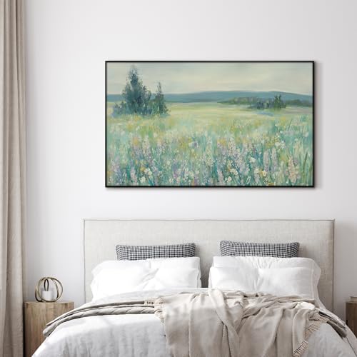 36"x60" Extra Large Framed Wall Art Wildflower Meadow Landscape Soft Pastel Nature Illustration for Home Living Room Bedroom Decor