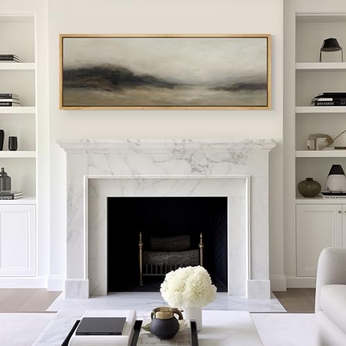 Large Framed Canvas Print Wall Art Foggy Mountain Horizon Landscape Neutral Tones Abstract Illustrations Decorative Colorful for Bedroom