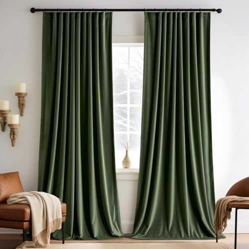 Olive Green Velvet Pinch Pleat Blackout Curtains W52 X L102 Inches (2 Count)