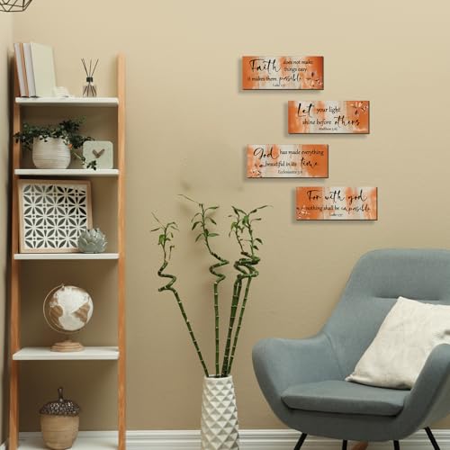 4 Pieces Orange Bathroom Decor Bible Verses Decor Wooden Orange Wall Decor Abstract Office Christian Wall Decor Religious Art for Women Office Home Bedroom Living Room Decor (4 Count)