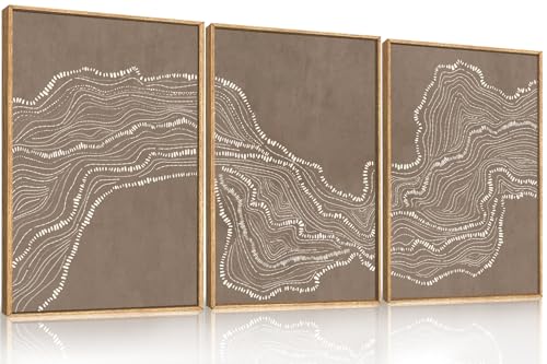 Abstract Neutral Wave Line Framed Canvas Wall Art Set