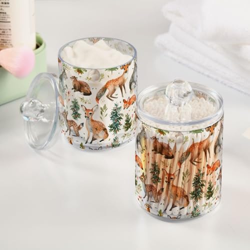 2 Pack Qtip Holder Organizer Dispenser Woodland Animals Trees Bathroom Storage Canister Cotton Ball Holder Container for Cotton Pads (2 Count)