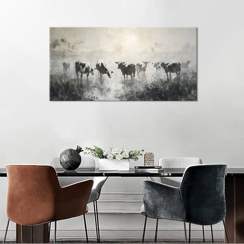 Black and White Cow Wall Art for Living Room Ink Wash Canvas Painting Prints Morning Cattle Vintage Country Farmhouse Artwork Bedroom Office Decor