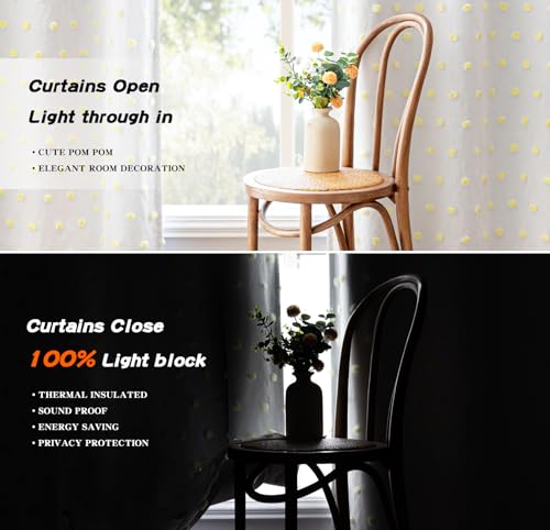 100% Blackout Curtains for Girls Kids Bedroom Thermal Insulated 84 Inch Length Nursery Curtains 2 Panels Grommet Light Filtering Yellow Pom Pom Sheer Drapes for Dining Room (2 Count)