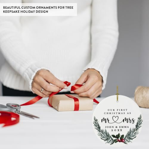 Personalized Our First Christmas As Mr. & Mrs. Christmas Ornaments Holly & Pine Wreath 2.8" Round Porcelain Ceramic Custom 1St Year Married Christmas Ornament 2026 for Newlyweds 1
