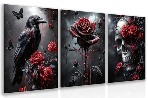 Wrapped Canvas Dark Goth Crow Rose Skull Wall Art Set of 3 (3 Count)