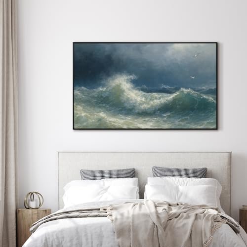 30"x60" Extra Large Framed Wall Art Dramatic Ocean Waves with Stormy Sky and Seagulls for Home Living Room Bedroom Decor