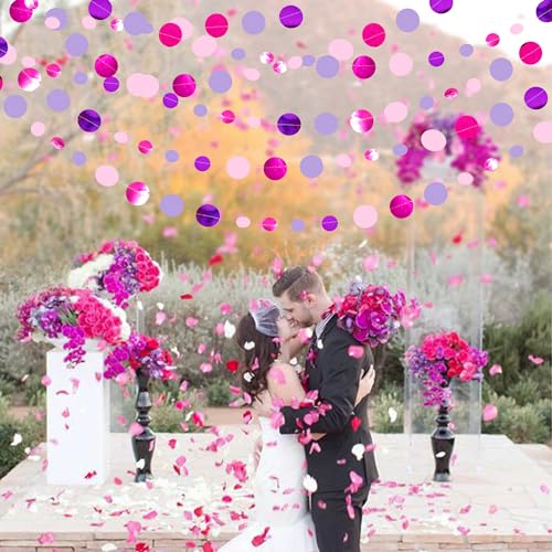 Pink and Purple Party Decorations Circle Dots Garland Hot Pink Lavender Hanging Polka Dot Streamer for Birthday Bridal Shower Wedding Bachelorette Anniversary Party Supplies