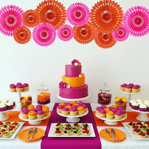 Honeycomb Round Paper Fans Pink Orange Hanging Party Decoration (12 Count)