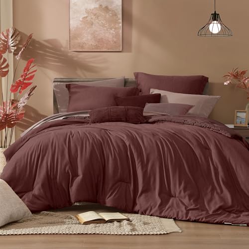 Queen Comforter Set 7 Pieces Cationic Dyeing Dark Red Bed in a Bag