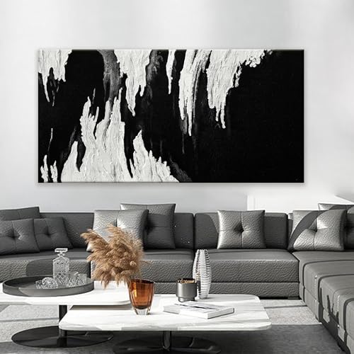 Large Abstract Black And White Canvas Wall Art For Living Room 29 x 58 In