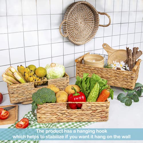 Large Water Hyacinth Storage Baskets for Organizing with Wooden Handles for Shelves (3 Count)