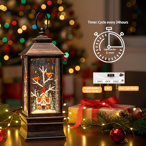 10'' Christmas Snow Globe Lantern Lighted Christmas Village Church Scene Musical Water Lantern with Swirling Glittering Home Decoration and Gift