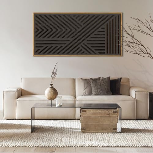Extra Large Wood Black Wall Art 20x40 Inch Framed Abstract Geometric Wooden Wall Decor Modern Minimalist Neutral Wall Sculpture for Living room Bedroom Dining room Single