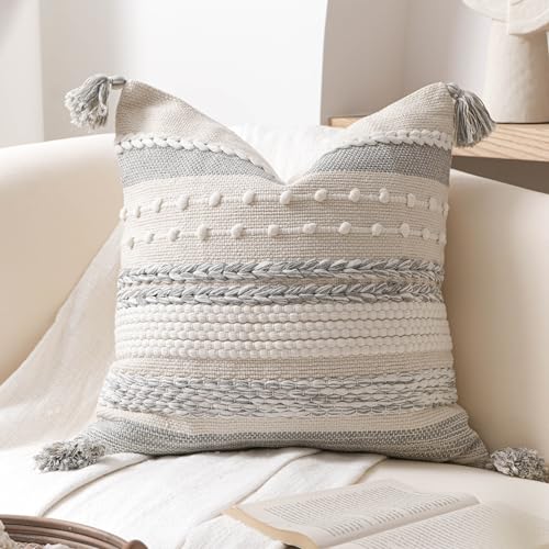 Gray Boho Decorative Throw Pillow Cover 22x22 Square Farmhouse Accent Cushion for Couch Sofa Livingroom Bedroom Pillowcase Modern Home Décor