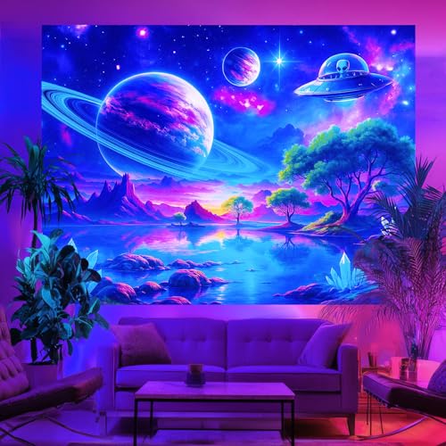 Blacklight Tapestry Alien UFO Party Wall Decor 78 x 59 Inch