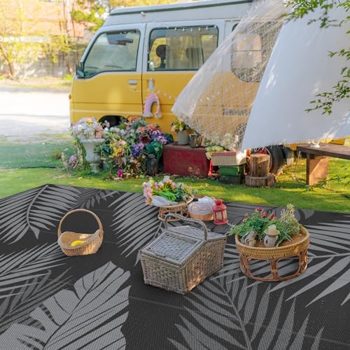 Outdoor Rug Waterproof Plastic Rugs 10'x14' for Camping Black Grey