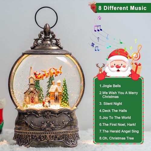 Christmas Snow Globes Lantern Snow Globe with Music Water Lantern Santa Flying Scene Elk Lighted Swirling Water Glitters Snowglobe Christmas Decoration