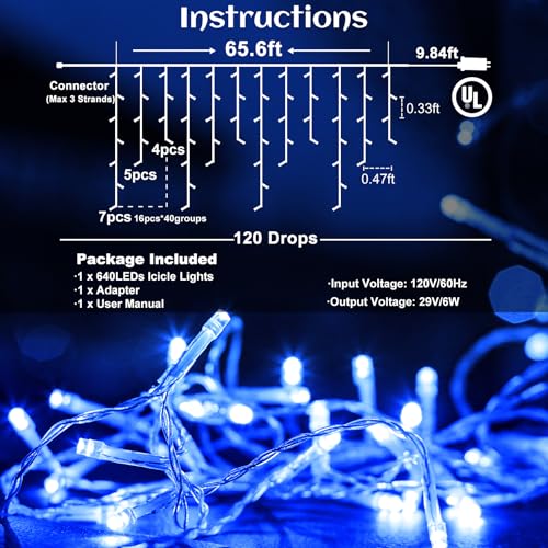 Blue Christmas Lights Outdoor 66ft 640LED Icicle Lights for Outside House