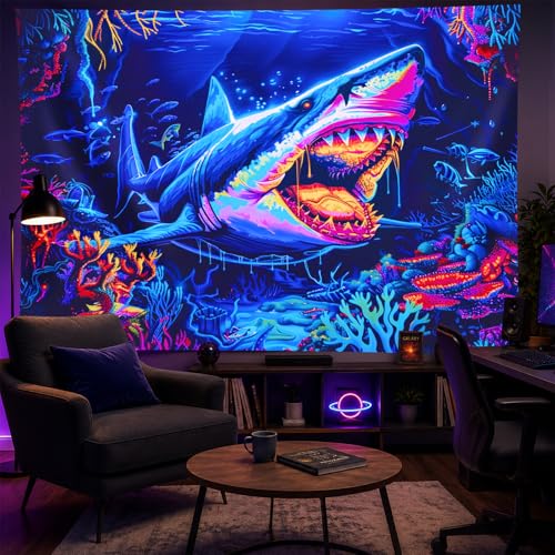 Blacklight Tapestry Ocean Shark UV Backdrop 78 x 59 Inch