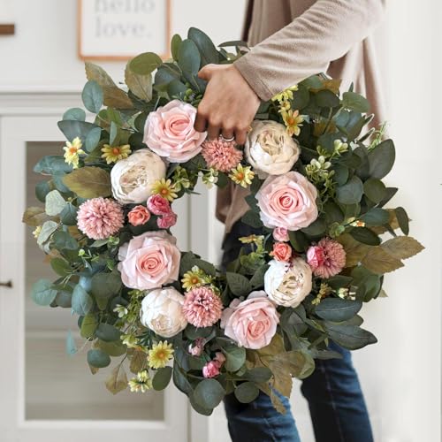 24 Inch Spring Peony Wreath Pink Rose Front Door Wreath