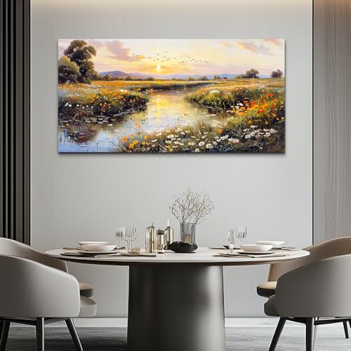Large Canvas Wall Art For Bedroom Wall Decorations For Living Room Office Decor Rivulet View Painting Farmhouse Field Scenery Watercolour Pictures Home Decoration Ready To Hang 24x48 In