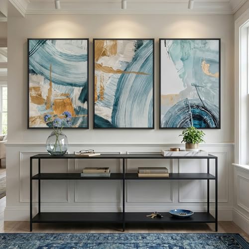 Large Framed Blue and Gold Abstract Wall Art for Living Room (3 Count)