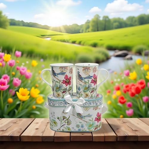Elegant Bone China Two Coffee Mugs set in Blue bird design (2 Count)