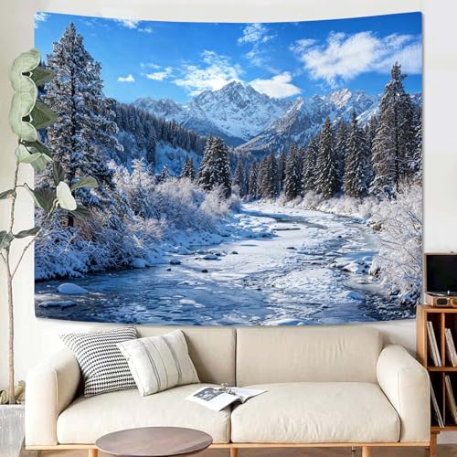 Winter Forest Snow Mountain Tapestry Snowy Pine Tree Woodland Tapestry for Bedroom Aesthetic White Clouds Flowing River Landscape Tapestries Wall Hanging for Living Room Dorm Office 48 x 36 Inch