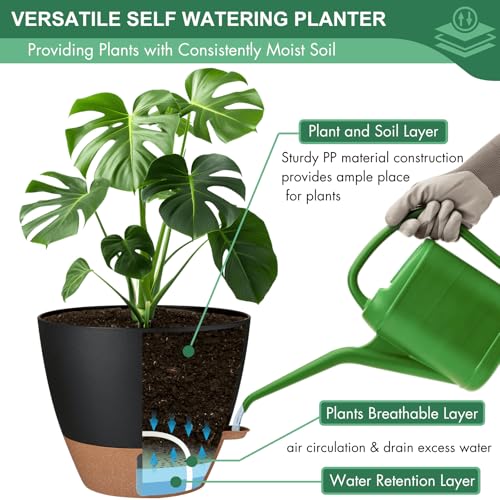 12/10/8 Inch Self Watering Pots for Indoor Plants Plastic Large Plant Pots for Outdoor Plants, Water Level Window & Spacious Reservoir Flower Pots Decorative Planter with Drainage and Tray (3 Count)