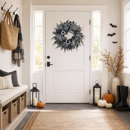 24 Inch Black and Silver Rose Halloween Wreath with 3 Skeleton Hands