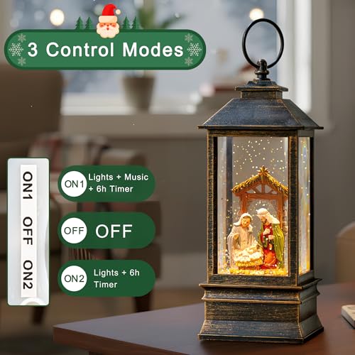 Christmas Snow Globe Water Lantern with Nativity Scene Battery Operated or USB Powered Musical Lighted Holiday Decoration for Tabletop Display for Family and Friends