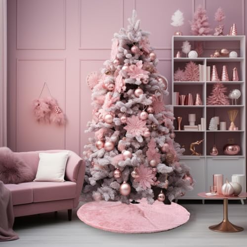36 Inch Faux Fur Christmas Tree Skirt Pink Shiny Plush Skirt for Merry Christmas Party Christmas Tree Decoration