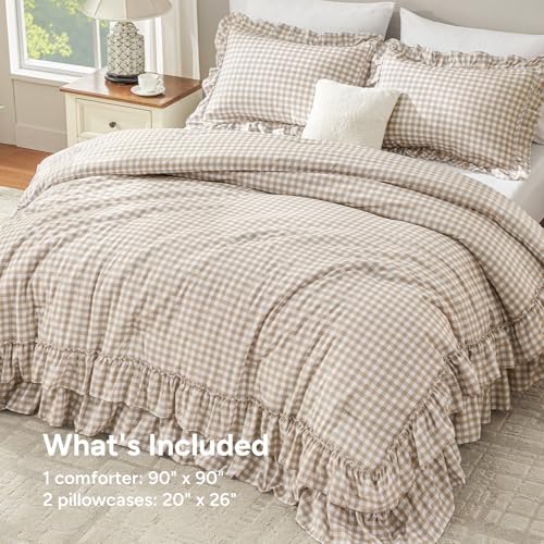 Tan Gingham Ruffle Comforter Set Queen Size
